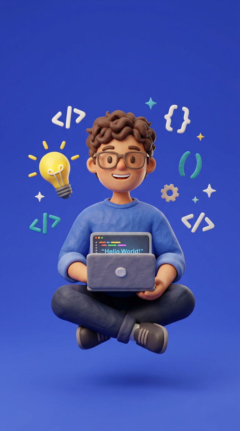 A learner with a laptop surrounded by tech icons