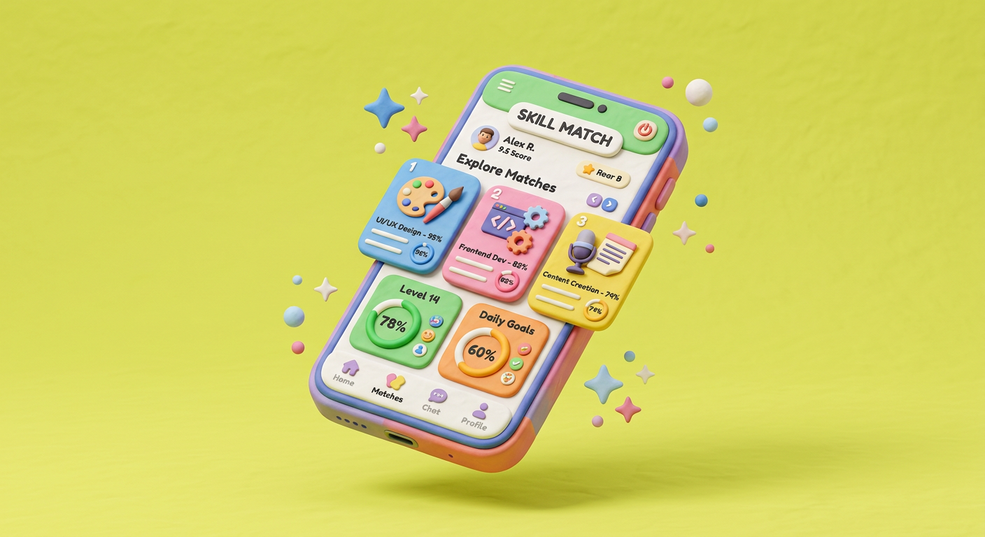 The Yurtem app showing skill matching cards